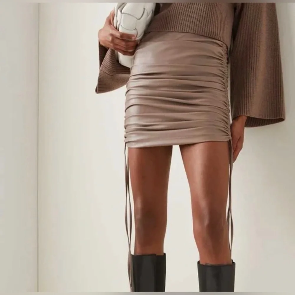 Lapointe Womens‎ Taupe Faux Leather Ruched Mini Skirt Adjustable Side Drawstring